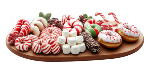 A festive display of assorted holiday candies and treats. including peppermint swirls. colorful donuts. and marshmallows. arranged on a wooden platter against a clean white background