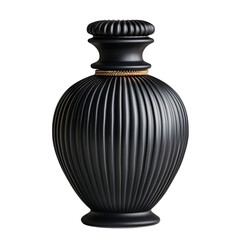 Onyx-black ceramic perfume vessel with carved ridges isolated on a white background