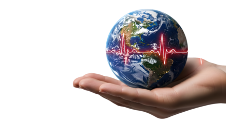 Fragile earth human hand holding a globe showing an ecg heartbeat line isolated on tranparent background