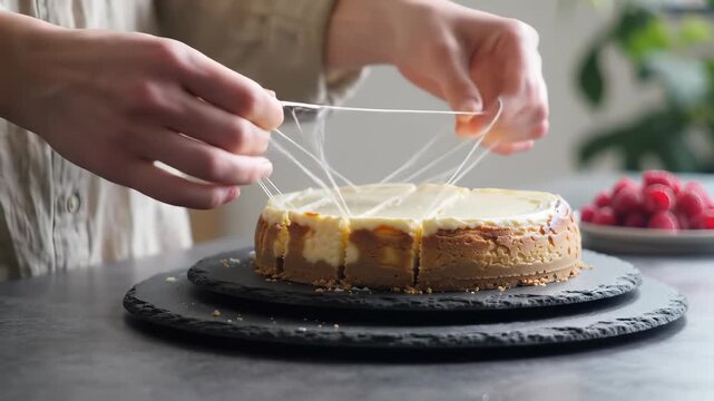 Hands using white thread to slice a creamy cheesecake on a black slate plate, showcasing a clever baking hack for perfect portions.