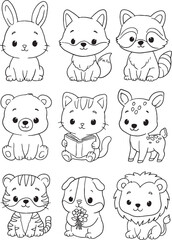 Cute animal vector set featuring woodland and wild animals like a bunny, fox, raccoon, bear, tiger, and lion. Perfect cartoon illustration for kids' designs, nursery decor, educational materials.