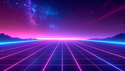 Glowing neon grid leads toward distant mountains and vibrant cosmic sky