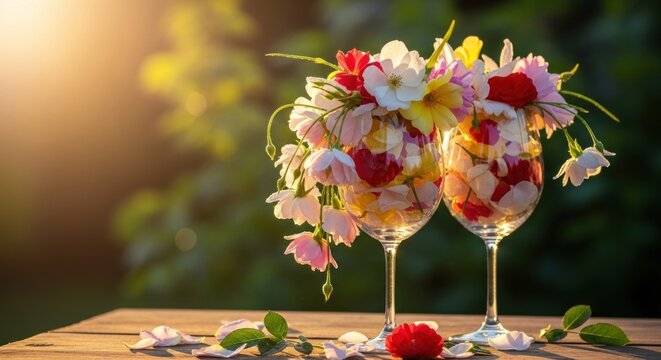 Two wine glasses filled with flowers on a wooden table.