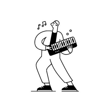 Man playing a keytar with musical notes floating around in a simple black and white illustration