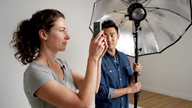Photographer measuring light, assistant holding studio umbrella diffuser