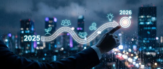 The Visionary's Path: A hand interacts with a futuristic digital interface, navigating a visualized roadmap towards 2026, against the backdrop of a modern city skyline at night.