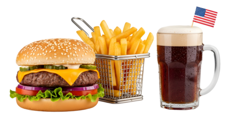 American cheeseburger meal with a glass of beer perfect for 4th of july isolated on tranparent background
