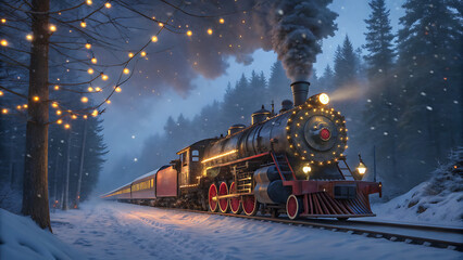 Magical vintage steam locomotive train decorated with glowing lights travels through a snowy forest path during a winter evening