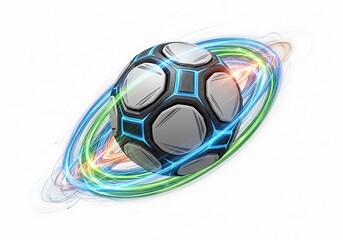 Dynamic futuristic soccer ball with glowing blue neon lines and speed effect trails on white background