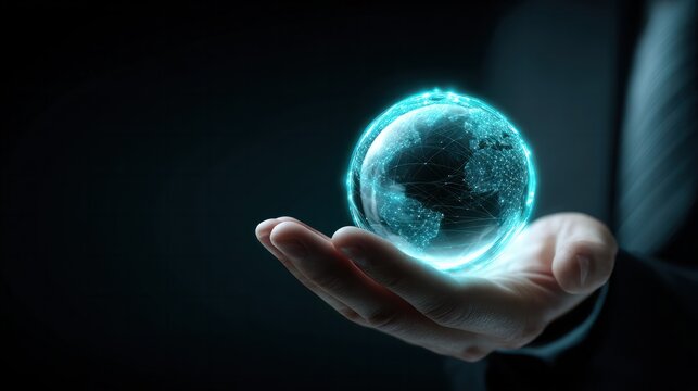 Executive Holding Virtual Holographic World Map, International Business Technology - Powered by Adobe