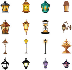Vector set of street lamps and beverage cup icons for restaurant design