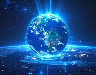 Fototapeta premium Glowing globe illustration with radiating energy and surrounding lights
