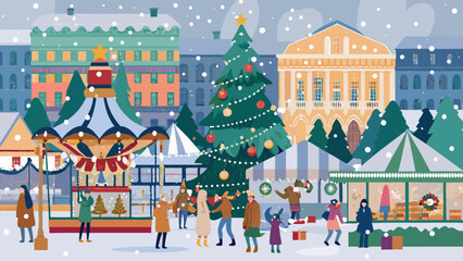 Charming winter village scene with christmas market and carousel © Etika