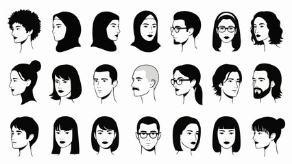 Collection of Diverse Human Head Portraits in Black and White Style.
