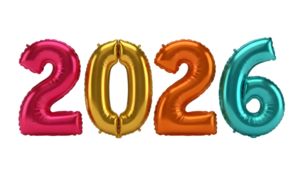 Colorful 2026 foil balloons isolated on transparent background