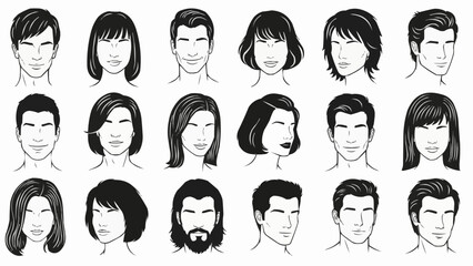 Collection of Diverse Male and Female Faces and Hairstyles in Sketch Style.