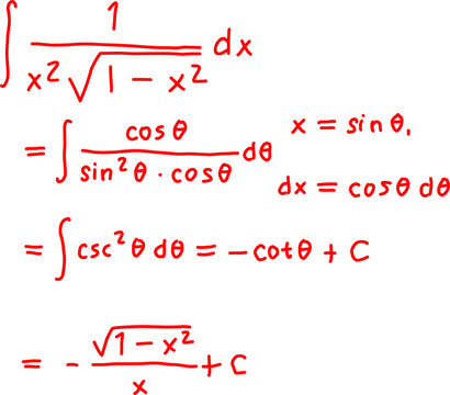 Handwritten calculus solution using trigonometric substitution to solve an integral with square roots, showing step-by-step math derivation on white background.
