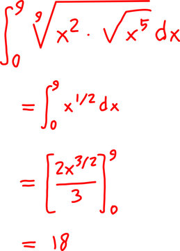 Handwritten calculus integral showing square root simplification and definite integration from 0 to 9, illustrating step-by-step math solution on white background.