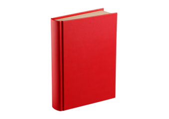 Red hardcover book standing upright, angled view with visible spine and pages, clean study material mockup isolated on transparent background