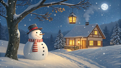 Charming snowman wearing a top hat and scarf stands outside a cozy, illuminated winter cabin under a starry, snowy night sky with a full moon