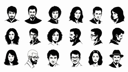 Collection of diverse stylized portraits of men and women in black and white.