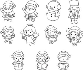 Big set of cute Christmas cartoon characters including Santa Claus, snowman, nutcracker, elves, angel, and caroling children. Ideal illustration for holiday design, festive invitations.