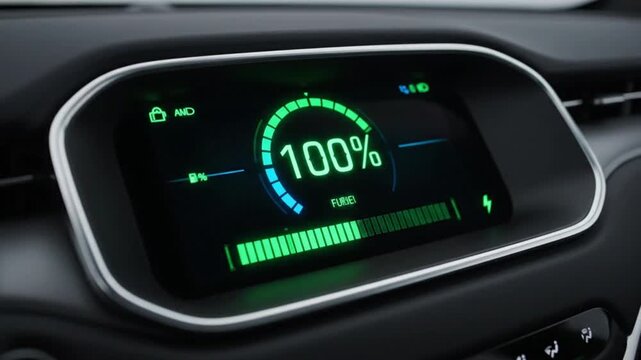 Electric vehicle digital dashboard displaying 100 percent battery charge