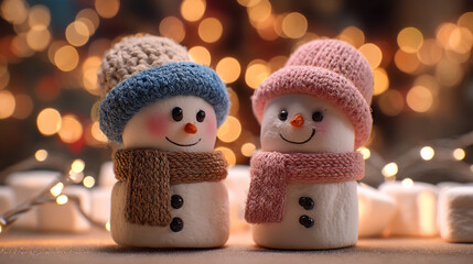 Snowmen made of marshmallows with hats and scarves during winter celebration