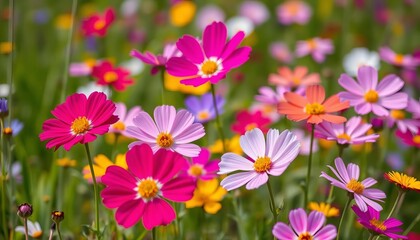 Obraz premium Vibrant cosmos flowers in a field, showcasing diverse colors, autumn, red