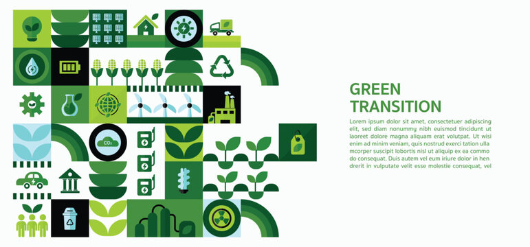 Green transition to environmental friendly world concept. Alternative clean and power production transition to renewable energy for reduce carbon emission,green house gas. Vector background with icons