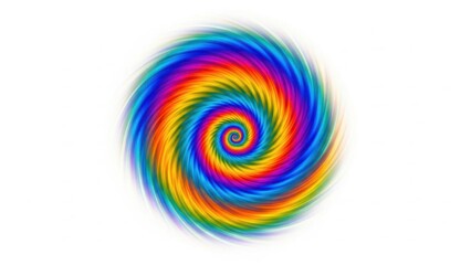 Hypnotic swirling rainbow spiral vortex on white background, intense circular motion of red orange yellow green blue and purple gradients creating energetic psychedelic abstract design element

