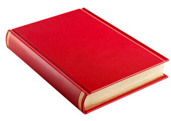 Red hardcover book lying flat with open edges, detailed texture and gold-lined pages isolated on transparent background