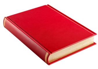 Red hardcover book lying flat with open edges, detailed texture and gold-lined pages isolated on transparent background