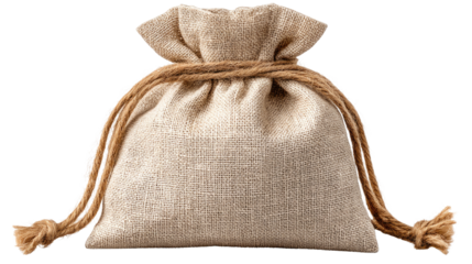 Natural Burlap Drawstring Bag with Twine Closure on White Background