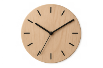 Round wooden wall clock showing minimalist design and time concept on transparent background