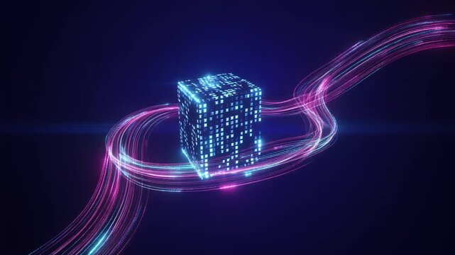 Glowing cube with flowing neon lights, abstract digital art, futuristic scene, dark background, mesmerizing visuals, technology concept, A-inspired visuals.