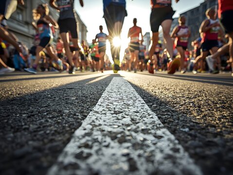 Low angle view of marathon runners crossing the start line on city road, dynamic race moment with motion, speed, competition, and athletic energy