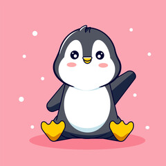 Cute Penguin Sitting Pose Waving Hello Vector Illustration Cartoon Design Kawaii