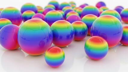 Glossy rainbow gradient spheres scattered on reflective white surface, vibrant 3D bubbles in pink blue yellow and green creating playful futuristic abstract background for modern digital design

