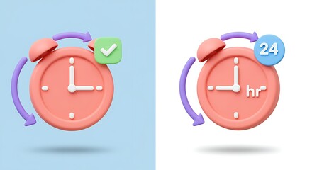 Time management and 24hour service concepts visually represented by cute 3D rendered alarm clock icons for efficient delivery