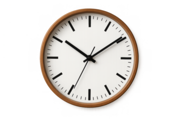 Analog wall clock with wooden frame on transparent background. Minimalist design for time management and business concepts