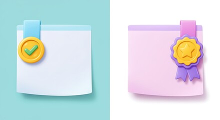 Two colorful 3D rendered sticky notes with achievement badges for task completion or award recognition design concept