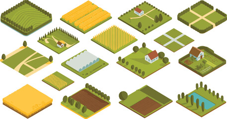 Isometric farm landscape elements set, agricultural fields countryside illustration, rural land plots, farming environment icons collection © MstRejowana