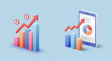Business growth and financial data analysis visualized on bar charts and mobile phone screen with rising arrows concept