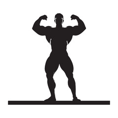 Black vector illustration of a strong male athlete silhouette exercising with dumbbells and posing as a boxer to show fitness muscle and sports action