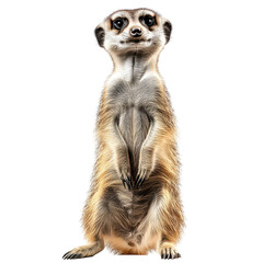 Fototapeta premium A curious meerkat standing upright in a white background. its inquisitive nature and alert demeanor. perfect for wildlife photography or animal behavior studies
