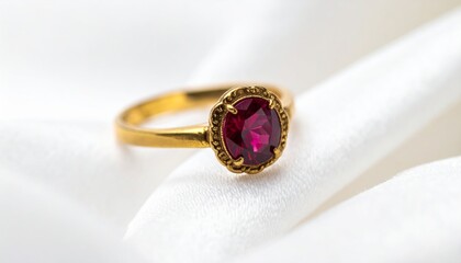Classic gold ring with a small oval red ruby on a white satin cloth.