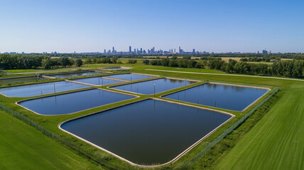 Aerial view large scale urban wastewater treatment pond with city skyline background