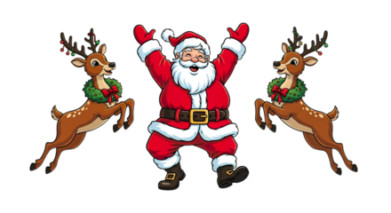 Happy santa claus dancing with two reindeer, isolated on transparent background