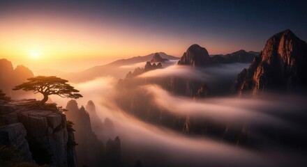 A stunning mountain landscape with a lone tree and misty clouds in the background.